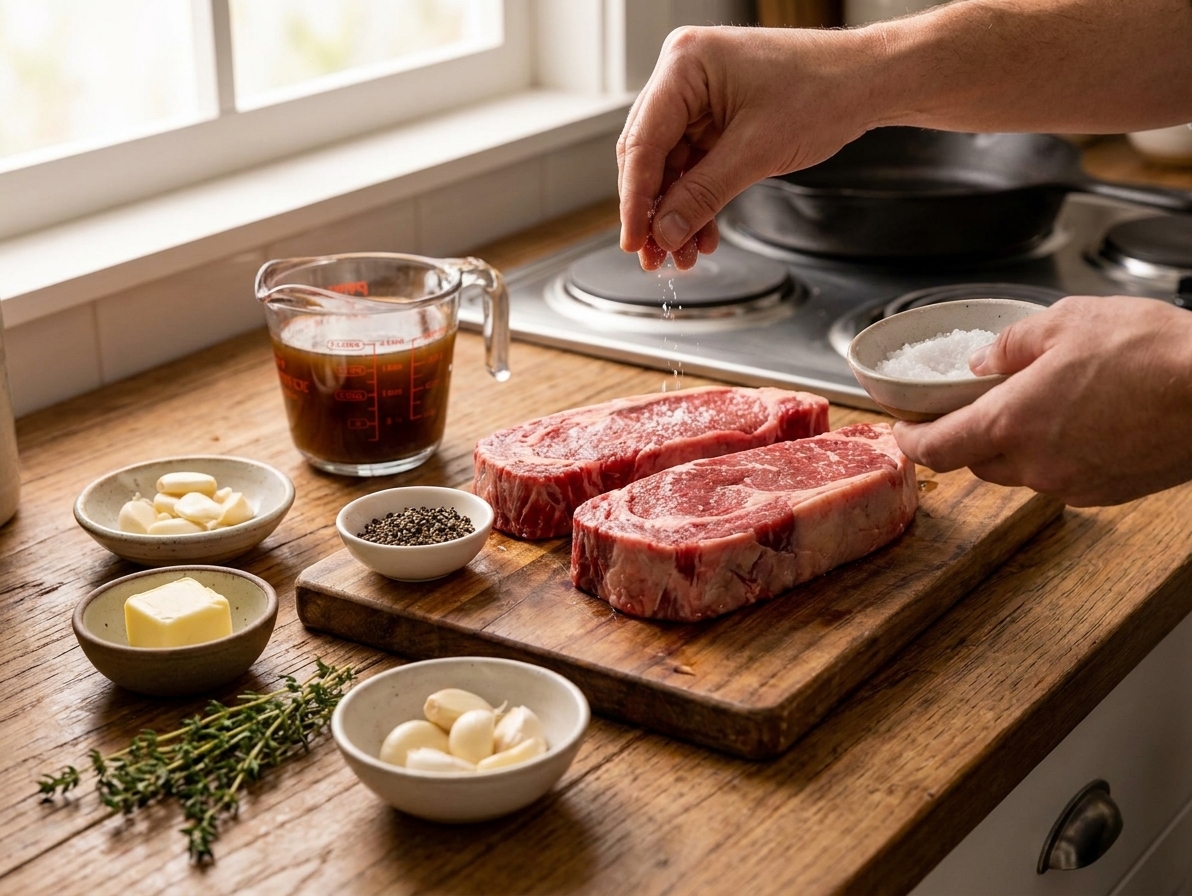 Two raw striploin steaks on a cutting board with small bowls of salt, pepper, butter, garlic, thyme, and a measuring cup of broth arranged on a kitchen counter