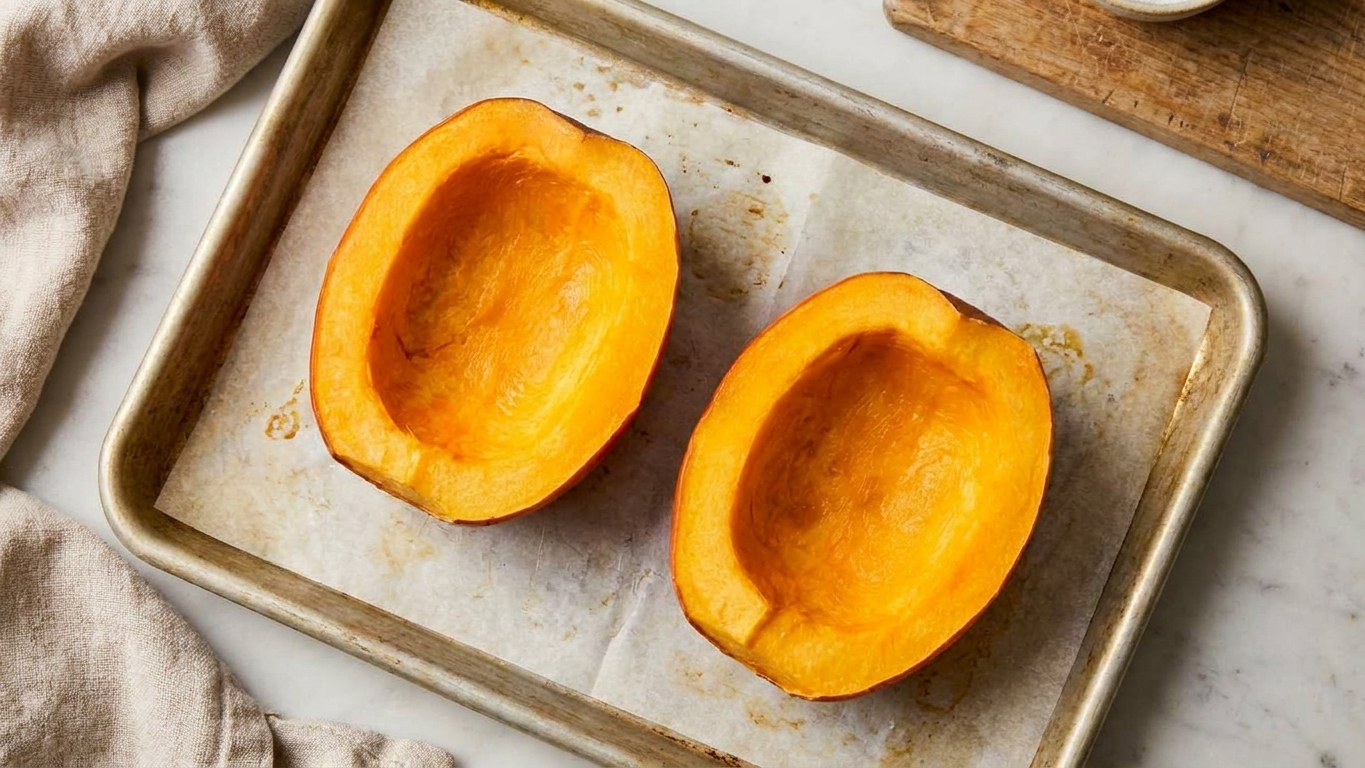 Two raw sugar pumpkin halves with seeds removed on a parchment-lined baking sheet, ready to roast