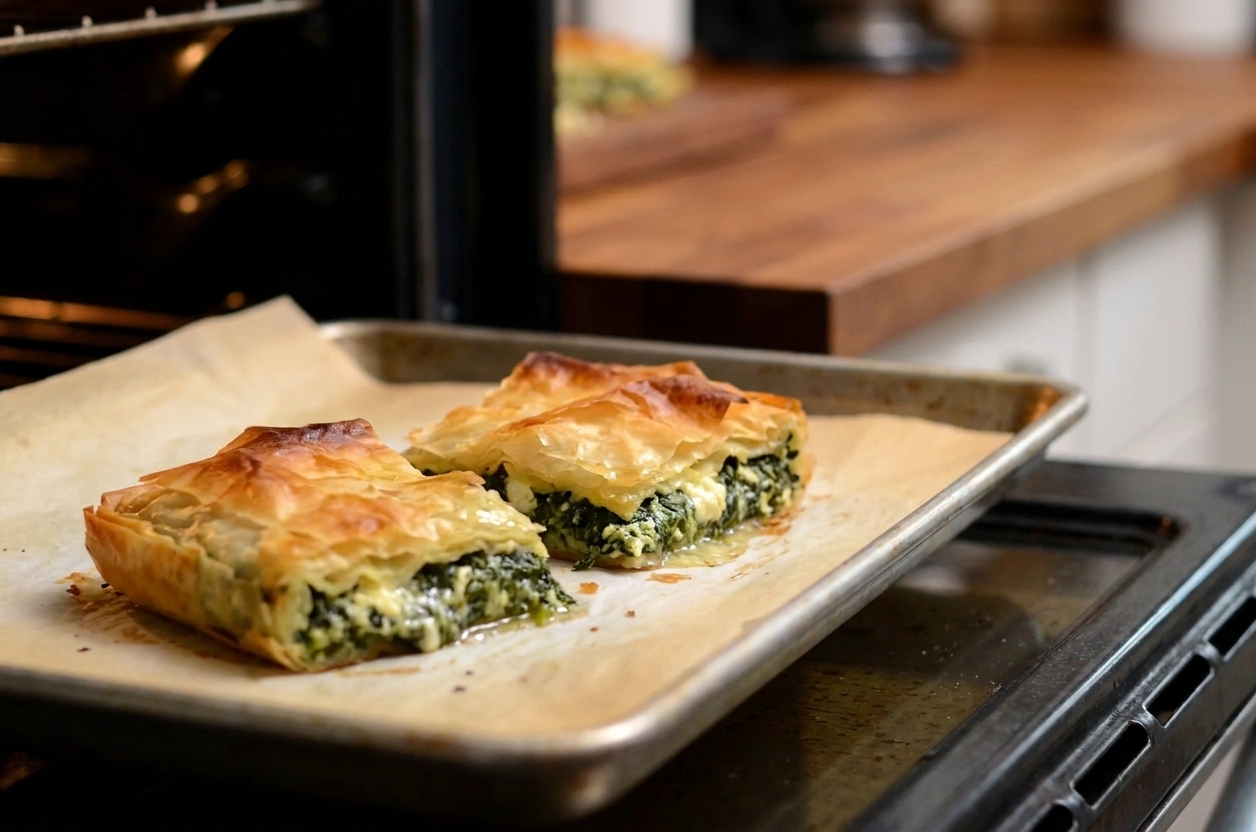Two reheated slices of spinach pie on a parchment-lined baking sheet near an oven door, ready to crisp back up