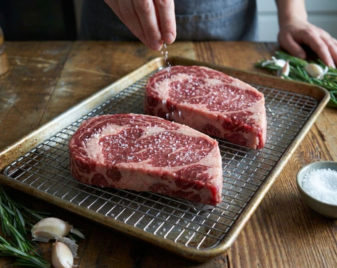 Two ribeye steaks on a wire rack being sprinkled with kosher salt on a rimmed baking sheet in a home kitchen