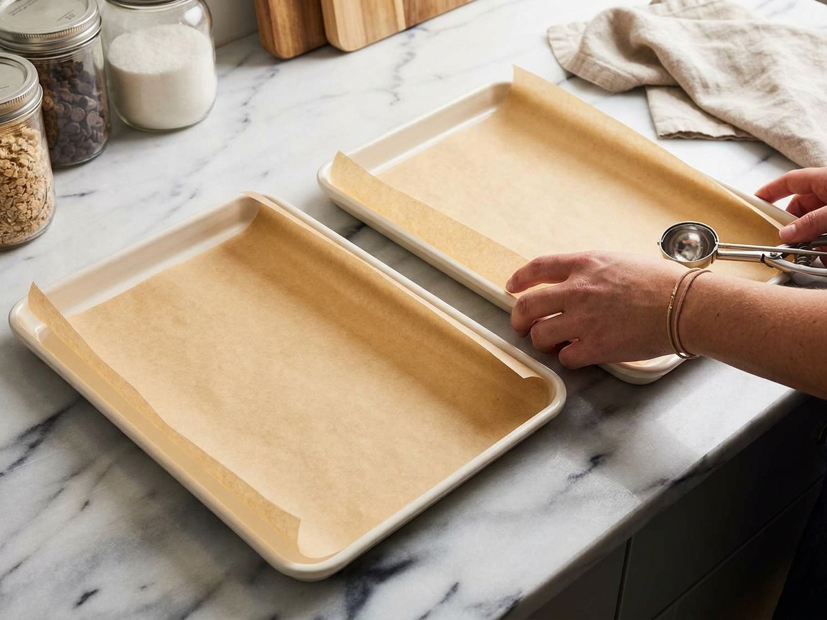 Two rimmed baking sheets lined with parchment paper on a kitchen counter, ready for cookie dough