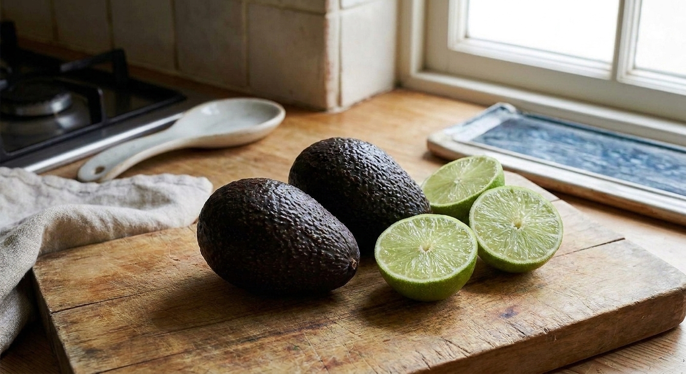 Two ripe Hass avocados and halved limes on a wooden cutting board on a home kitchen counter with soft daylight