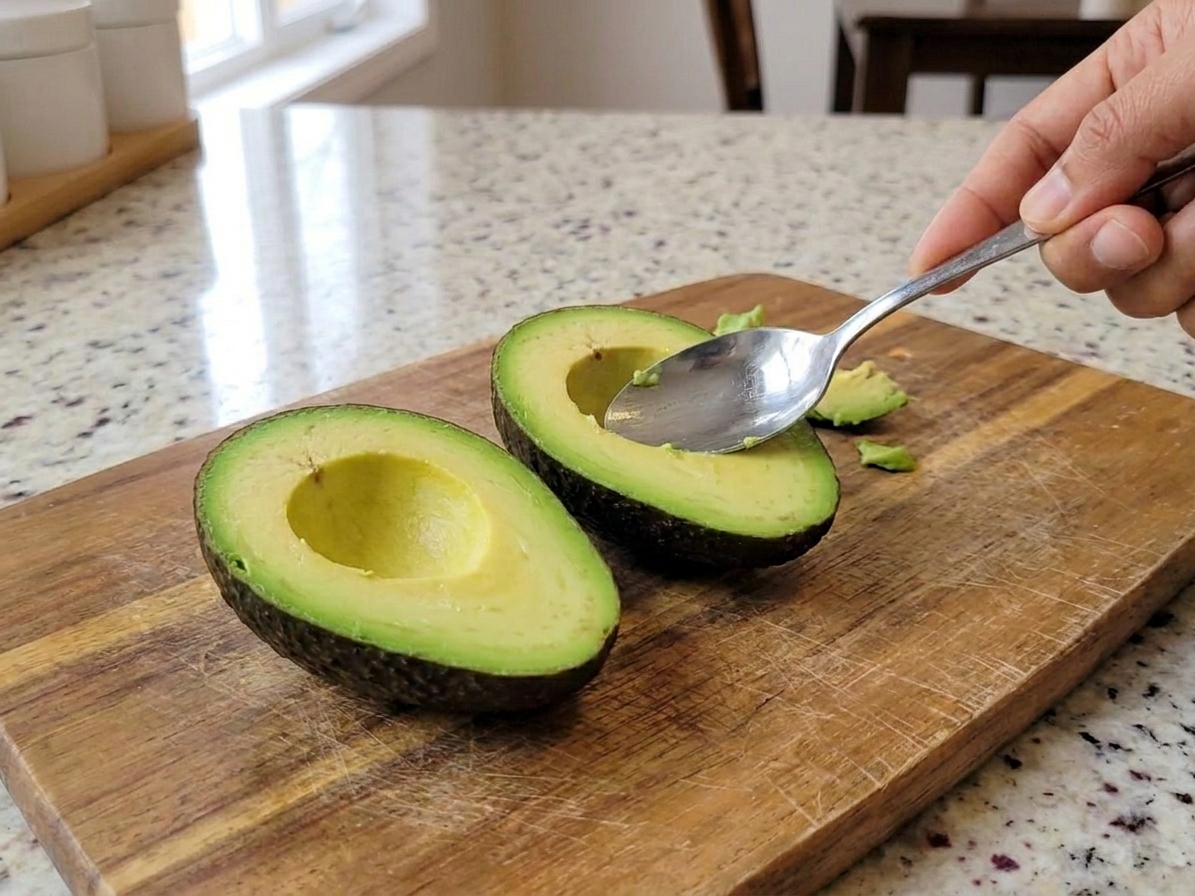 Two ripe avocados cut open on a cutting board with the pits removed, ready to be scooped