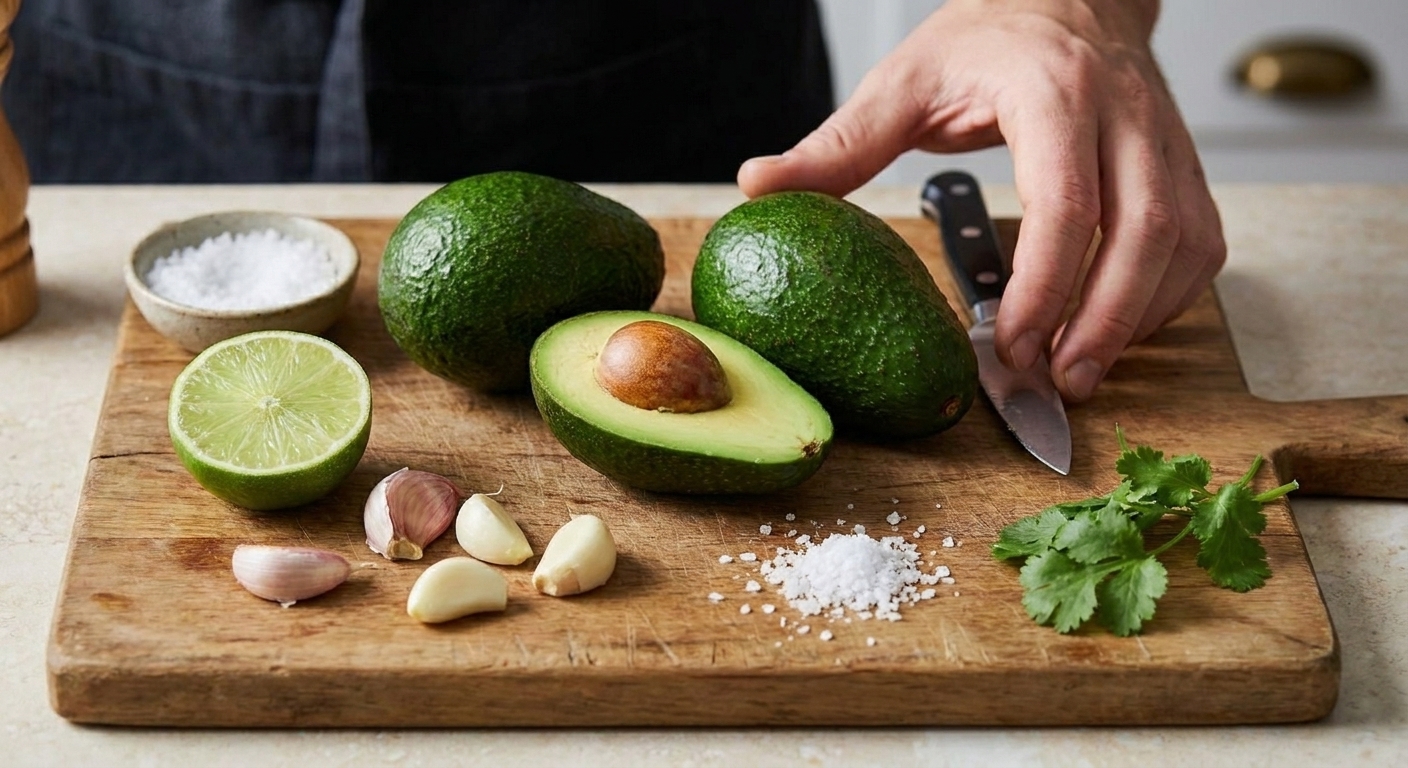 Two ripe avocados with a halved lime, garlic, and salt on a cutting board