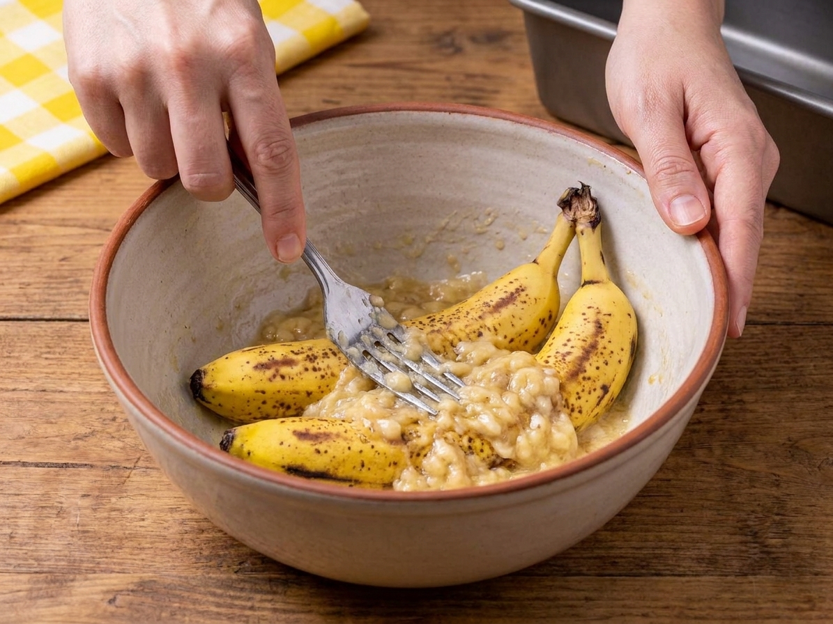 Two ripe bananas being mashed with a fork in a large mixing bowl on a kitchen counter