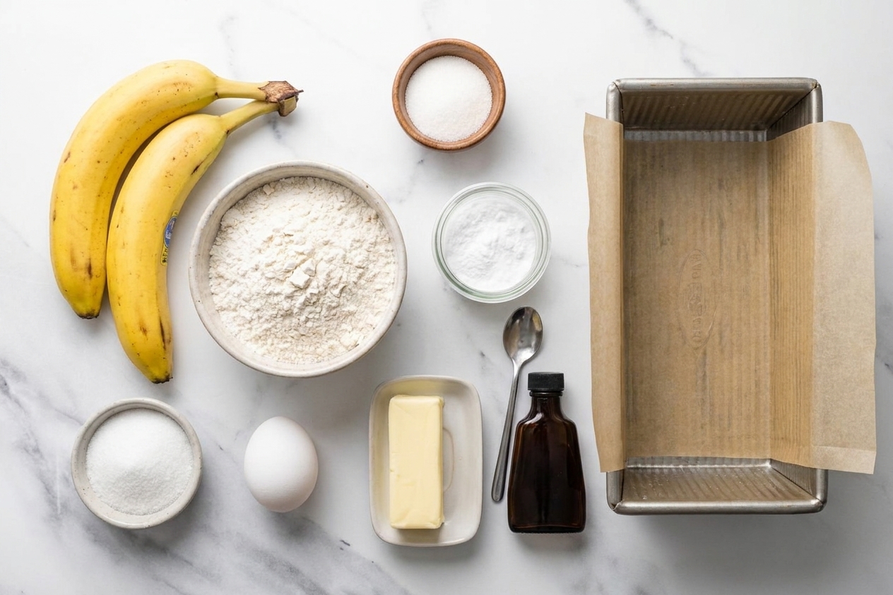 Two ripe bananas, flour, sugar, egg, butter, baking soda, salt, and vanilla arranged on a tidy kitchen counter with a loaf pan nearby