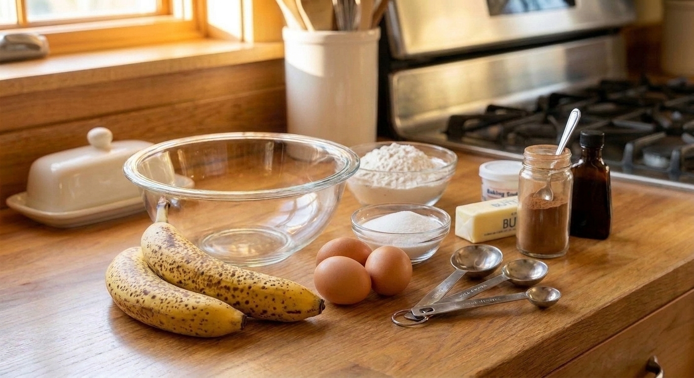 Two ripe bananas, flour, sugar, eggs, butter, baking soda, cinnamon, and vanilla arranged on a tidy kitchen counter with warm natural light