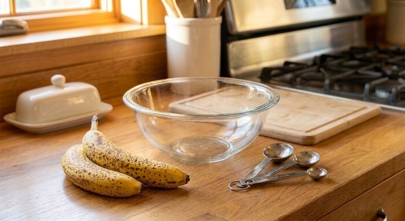 Two ripe, speckled bananas resting on a clean kitchen counter next to a mixing bowl and measuring spoons