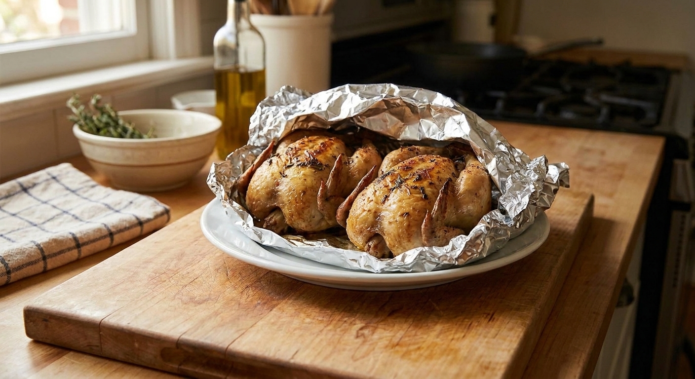 Two roasted Cornish game hens resting on a plate loosely tented with foil on a kitchen counter