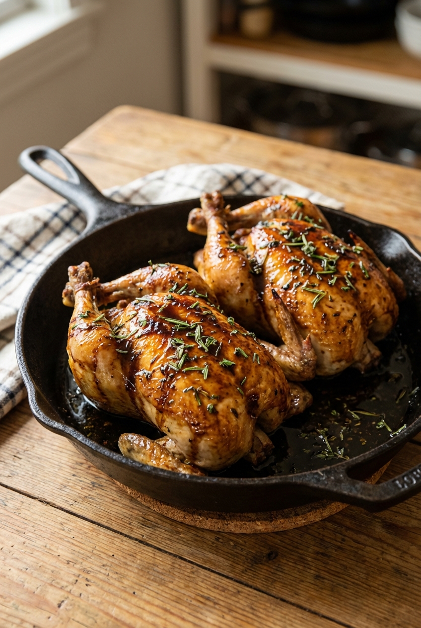 Two roasted Cornish hens in a cast iron skillet, glazed with a glossy dark chocolate-balsamic sauce and sprinkled with chopped herbs