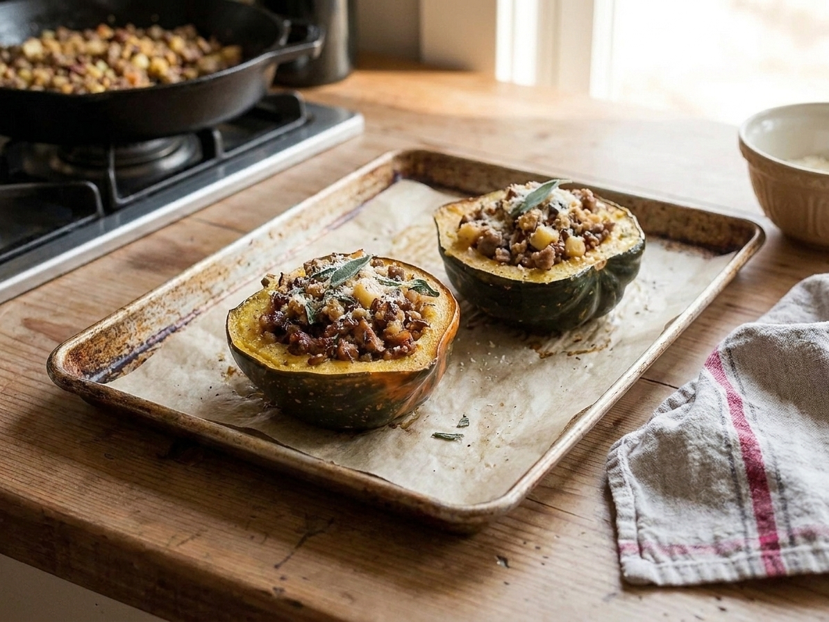Two roasted acorn squash halves stuffed with a golden sausage and apple filling on a rustic sheet pan with a neutral linen towel nearby