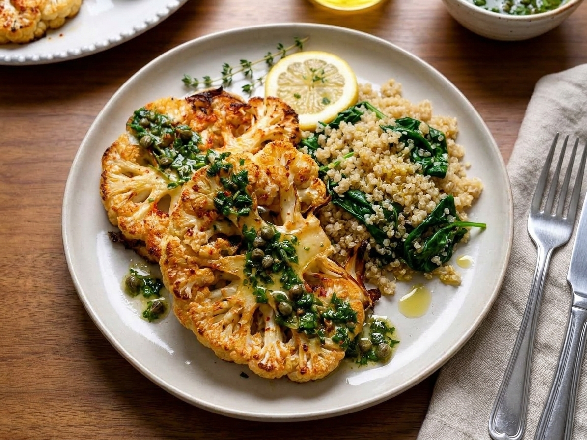 Two roasted cauliflower steaks on a neutral ceramic plate with lemon-herb sauce, served with a simple grain and greens on a dinner table