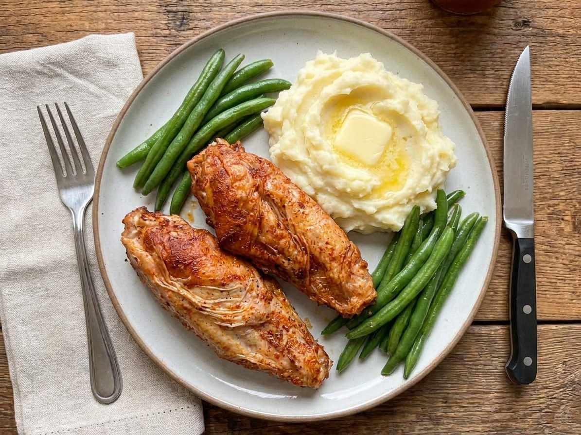 Two roasted turkey wings on a dinner plate with mashed potatoes and green beans on a wooden table with a simple table setting