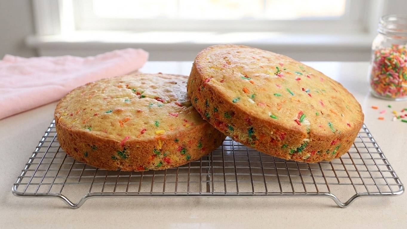 Two round Funfetti cake layers cooling on a wire rack with colorful sprinkles visible in the crumb