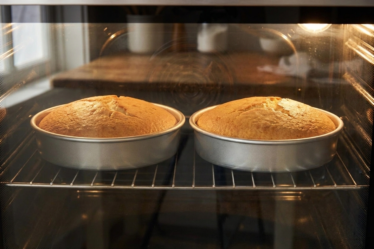 Two round cake pans baking on the center rack of a home oven, sponge cakes rising and turning golden