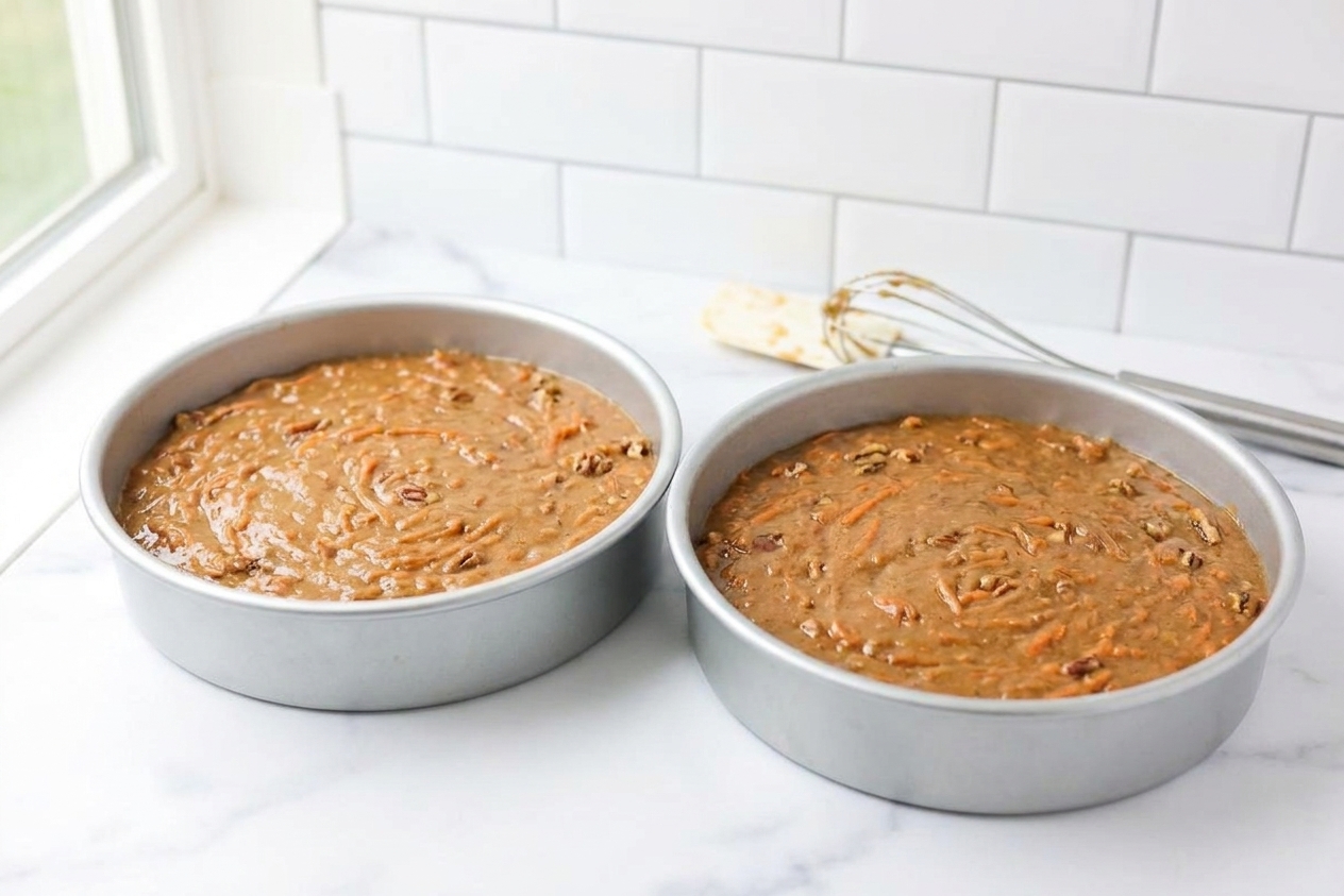 Two round cake pans filled with carrot cake batter on a kitchen counter, ready to go into the oven