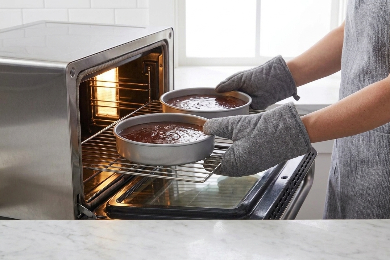Two round cake pans filled with chocolate batter being placed into an oven rack