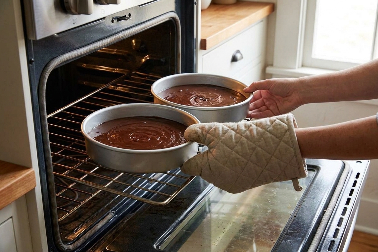 Two round cake pans filled with chocolate cake batter being placed onto an oven rack in a home kitchen