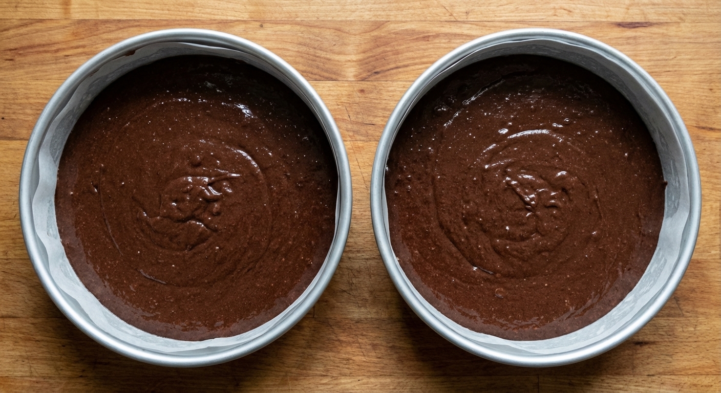Two round cake pans filled with dark chocolate cake batter on a wooden counter, parchment paper visible in the pans, overhead photorealistic food photography