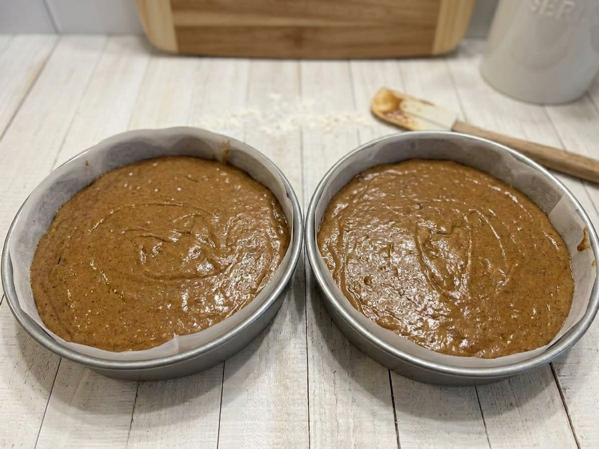 Two round cake pans filled with spice cake batter on a kitchen counter, parchment-lined and ready for the oven