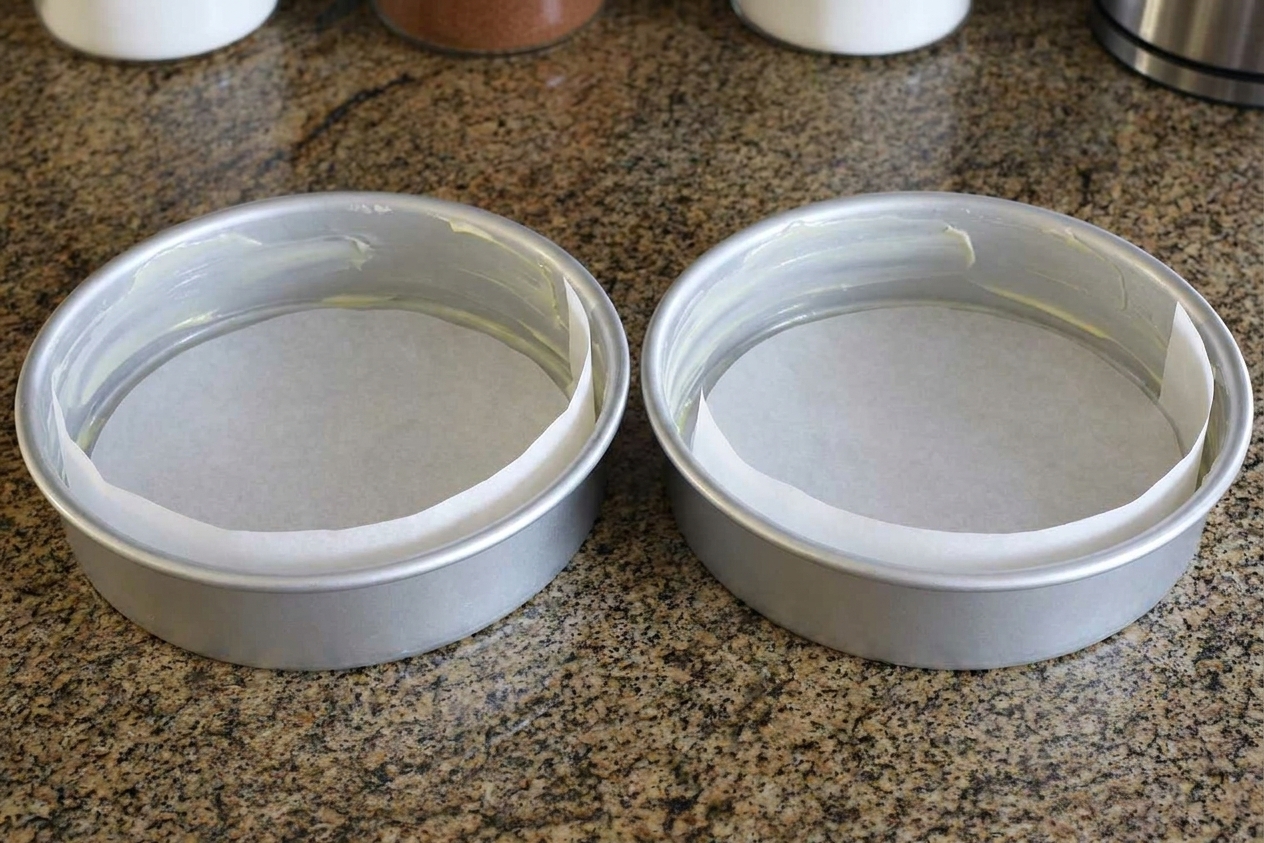 Two round cake pans greased and lined with parchment paper on a kitchen counter