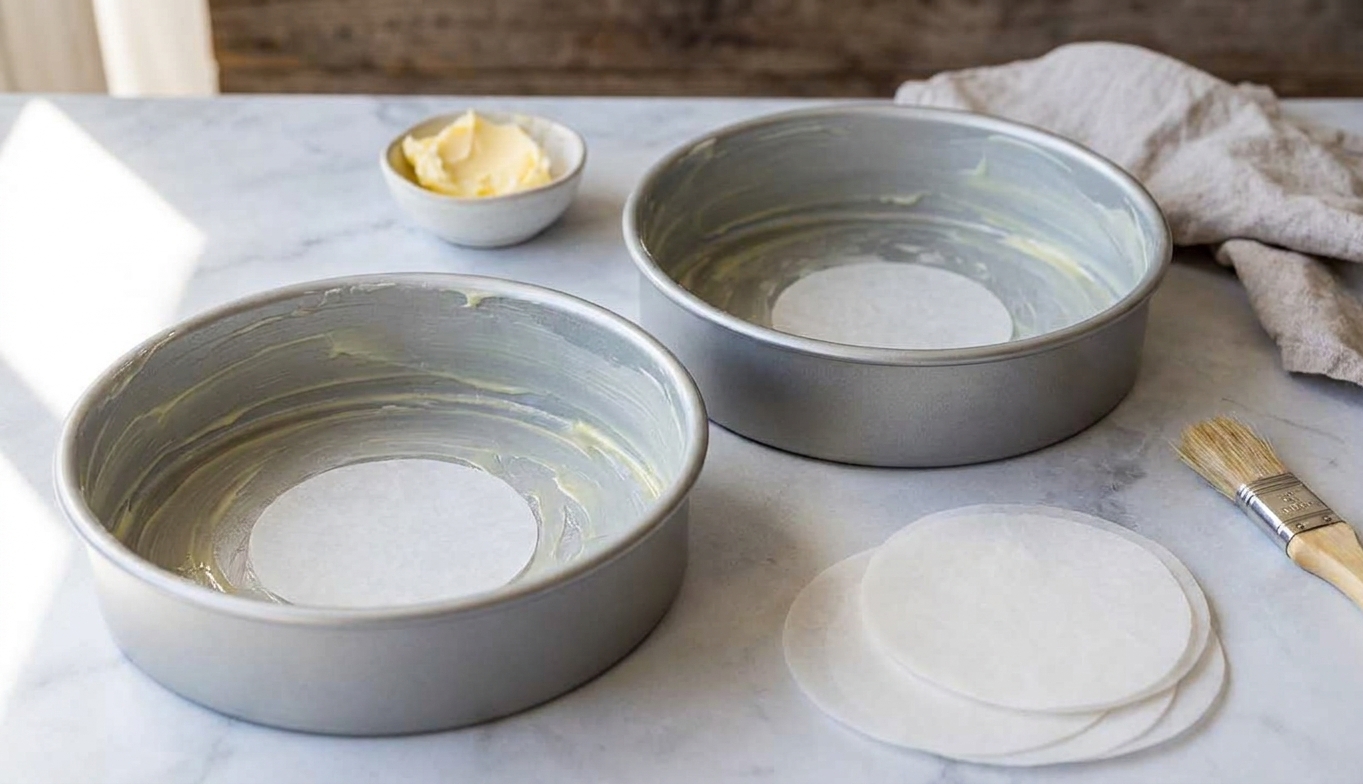 Two round cake pans greased and lined with parchment circles on a kitchen counter, ready for batter