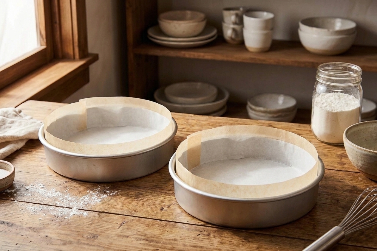 Two round cake pans lined with parchment paper on a kitchen counter, ready for batter