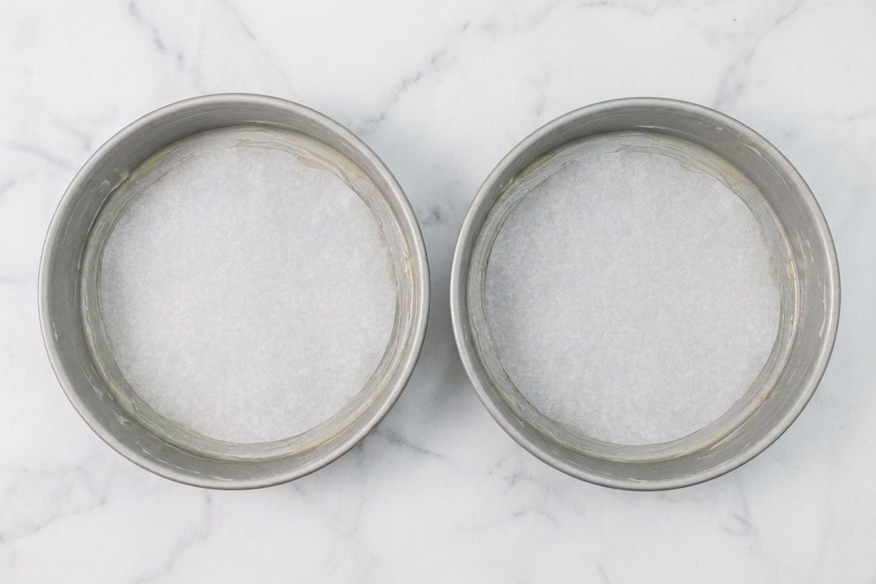 Two round cake pans lined with parchment paper rounds on a clean kitchen counter