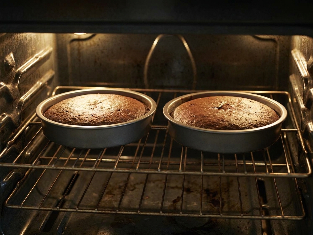 Two round cake pans of chocolate cake baking on an oven rack