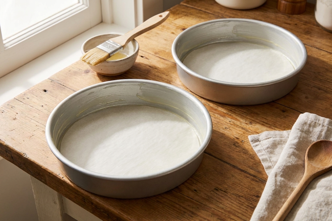Two round cake pans on a kitchen counter, bottoms lined with parchment paper and sides lightly greased