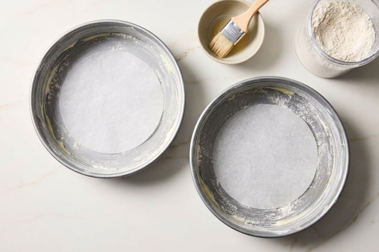 Two round cake pans on a kitchen counter with parchment circles in the bottoms and a light coating of butter and flour