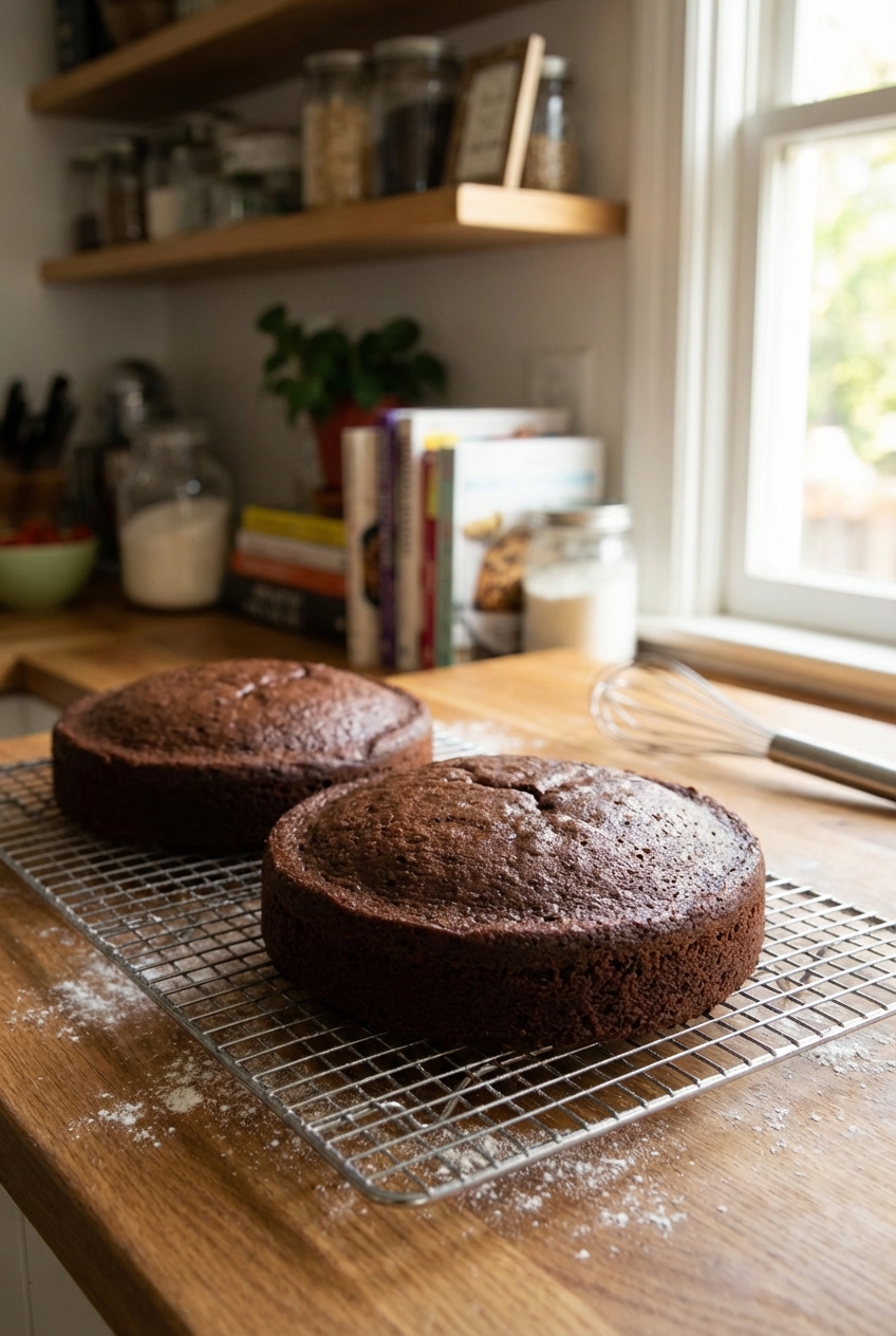 Two round chocolate cake layers cooling on a wire rack in a home kitchen