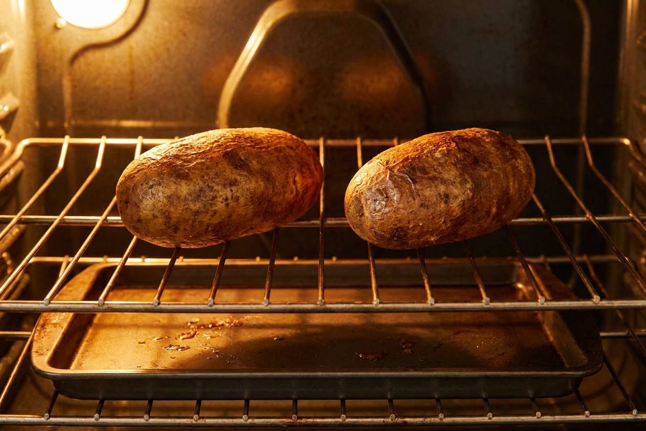 Two russet potatoes baking on an oven rack with a sheet pan underneath, kitchen oven light glowing