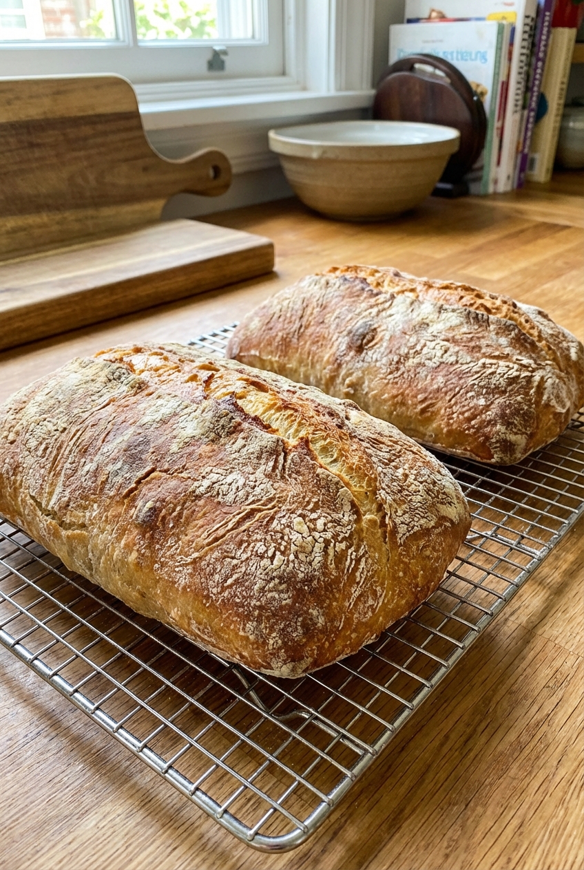 Two rustic ciabatta loaves with a crisp golden crust cooling on a wire rack