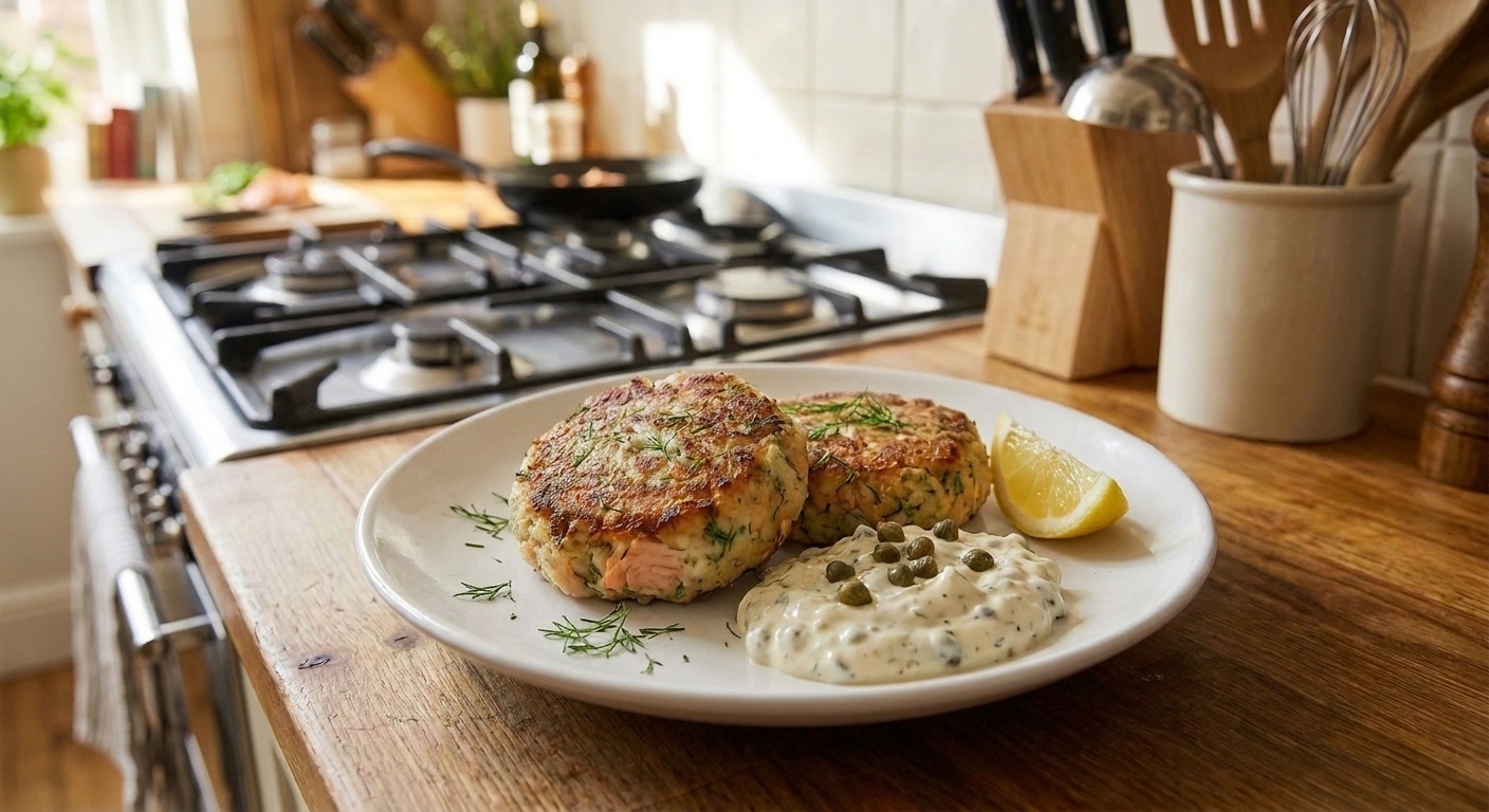 Two salmon fish cakes on a white plate with a dollop of caper mayo, lemon wedge, and scattered fresh dill on a wooden table