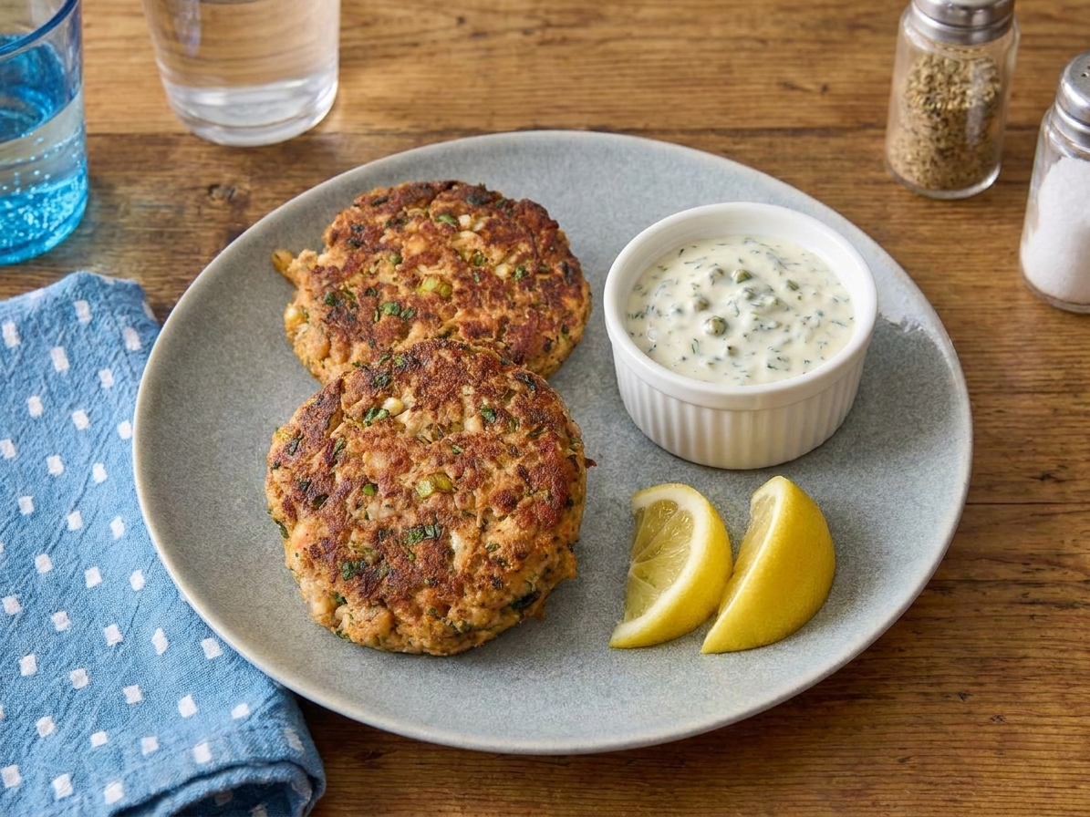 Two salmon patties plated with lemon wedges and a small bowl of creamy sauce on a simple dinner plate