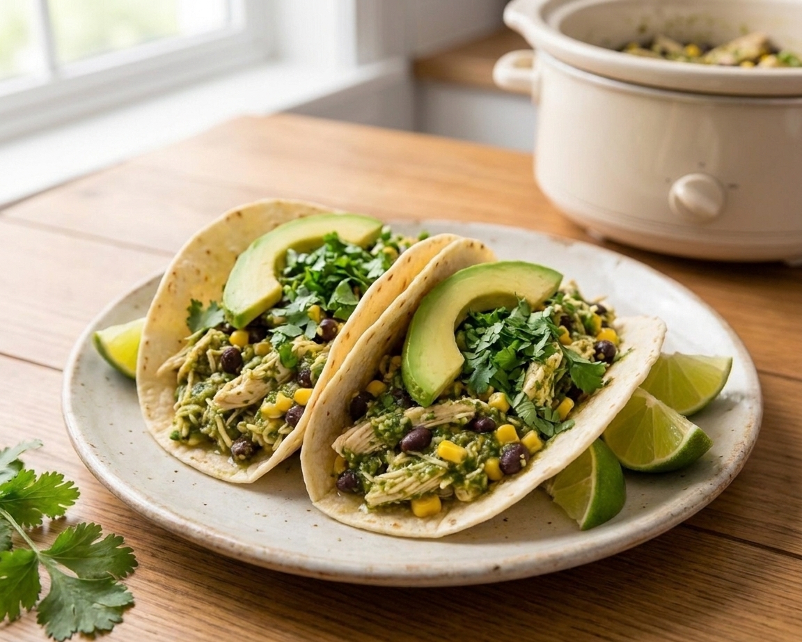 Two salsa verde chicken tacos topped with cilantro and sliced avocado on a simple ceramic plate
