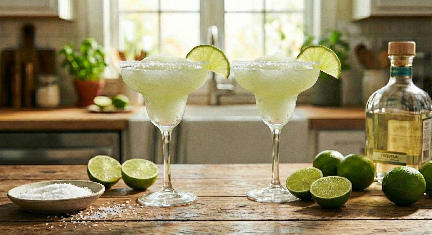 Two salt-rimmed glasses filled with pale green frozen margaritas with lime wedges on the side