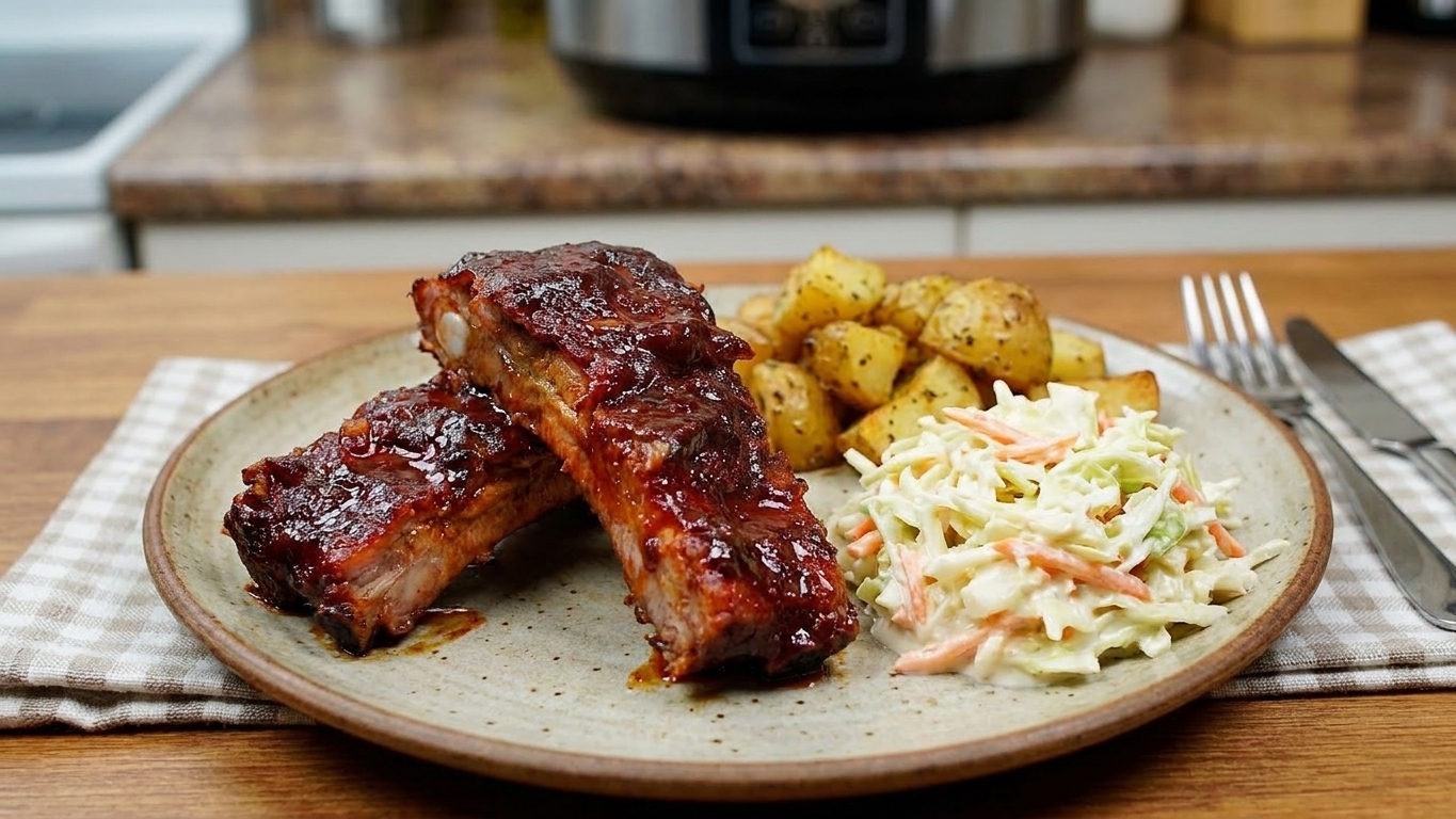 Two saucy rib pieces plated with coleslaw and roasted potatoes on a simple dinner table setting