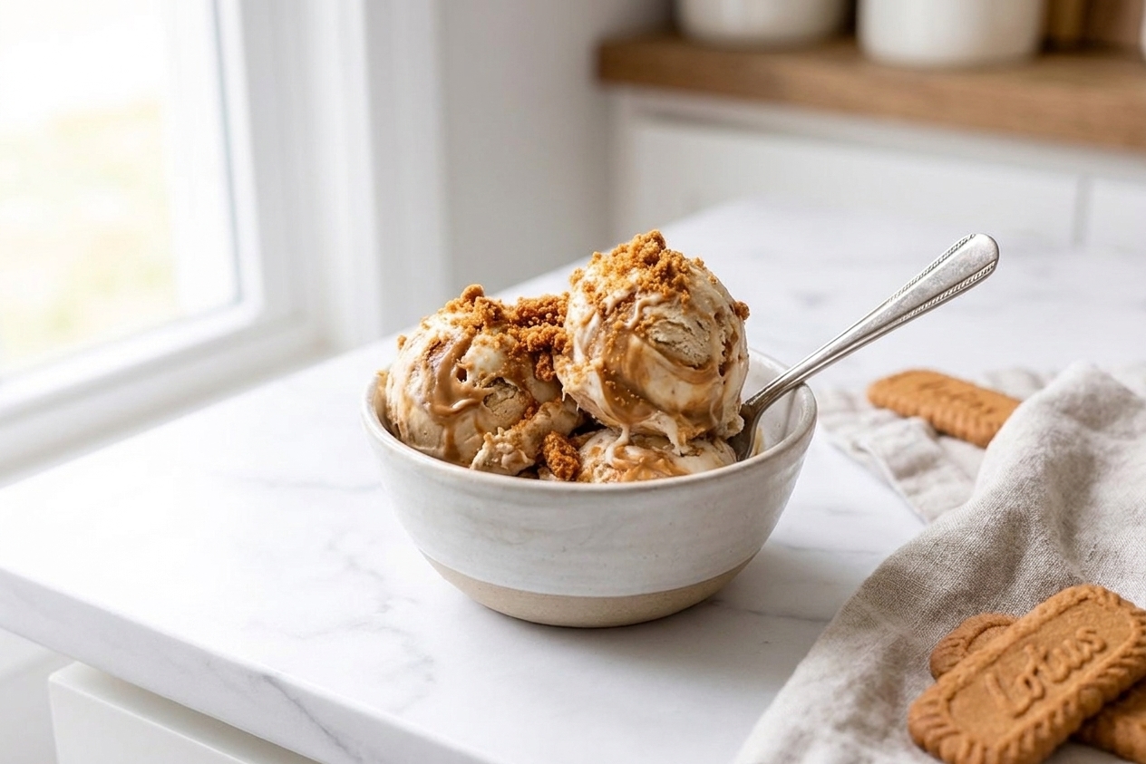 Two scoops of Biscoff ice cream in a small bowl with cookie butter swirls and crushed cookies on top on a simple table setting