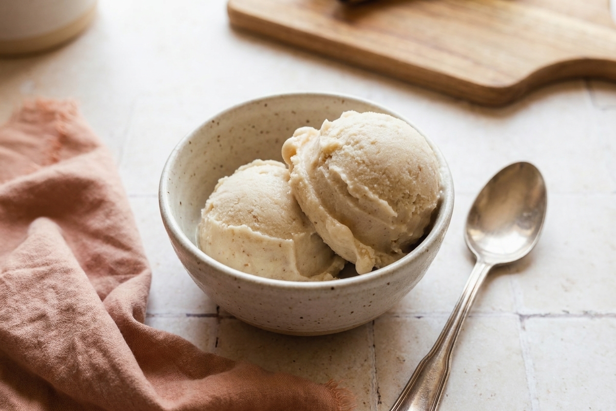 Two scoops of banana ice cream in a small bowl with a spoon beside it on a neutral table setting