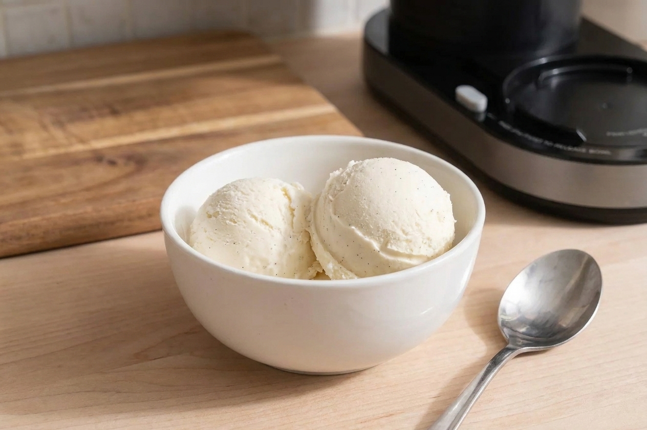 Two scoops of creamy vanilla ice cream in a simple white bowl on a wooden table with a spoon beside it