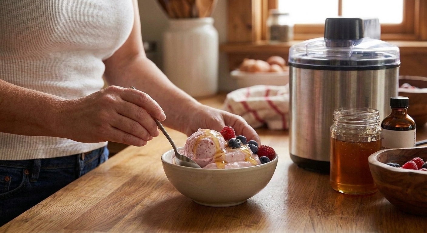 Two scoops of frozen yogurt in a small bowl with a drizzle of honey and a few berries on a neutral kitchen table