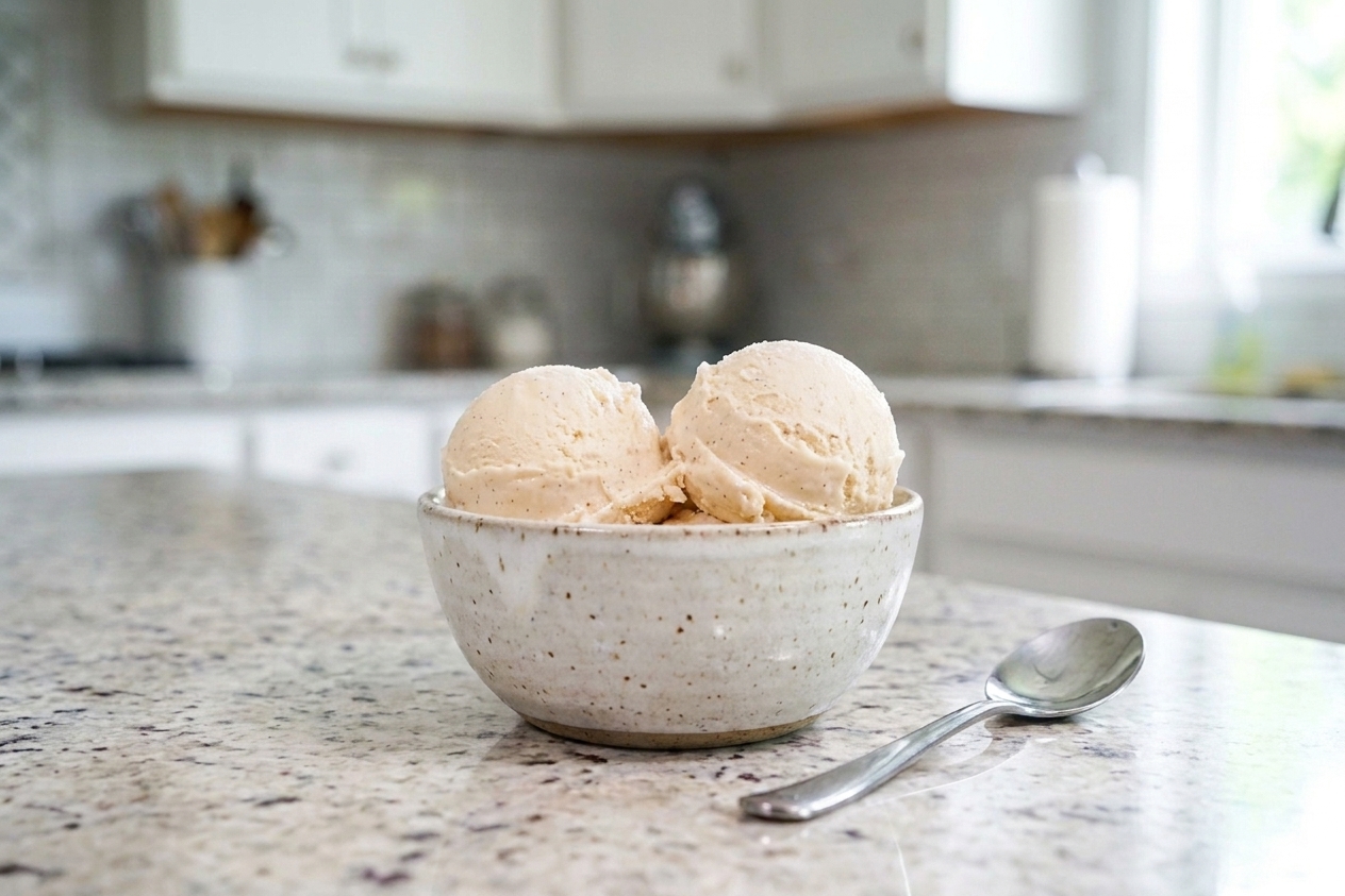 Two scoops of vanilla ice cream in a ceramic bowl on a dining table with a spoon beside it