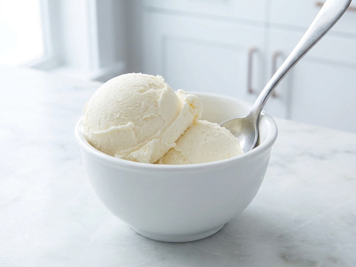 Two scoops of vanilla no-churn ice cream in a small bowl with a spoon