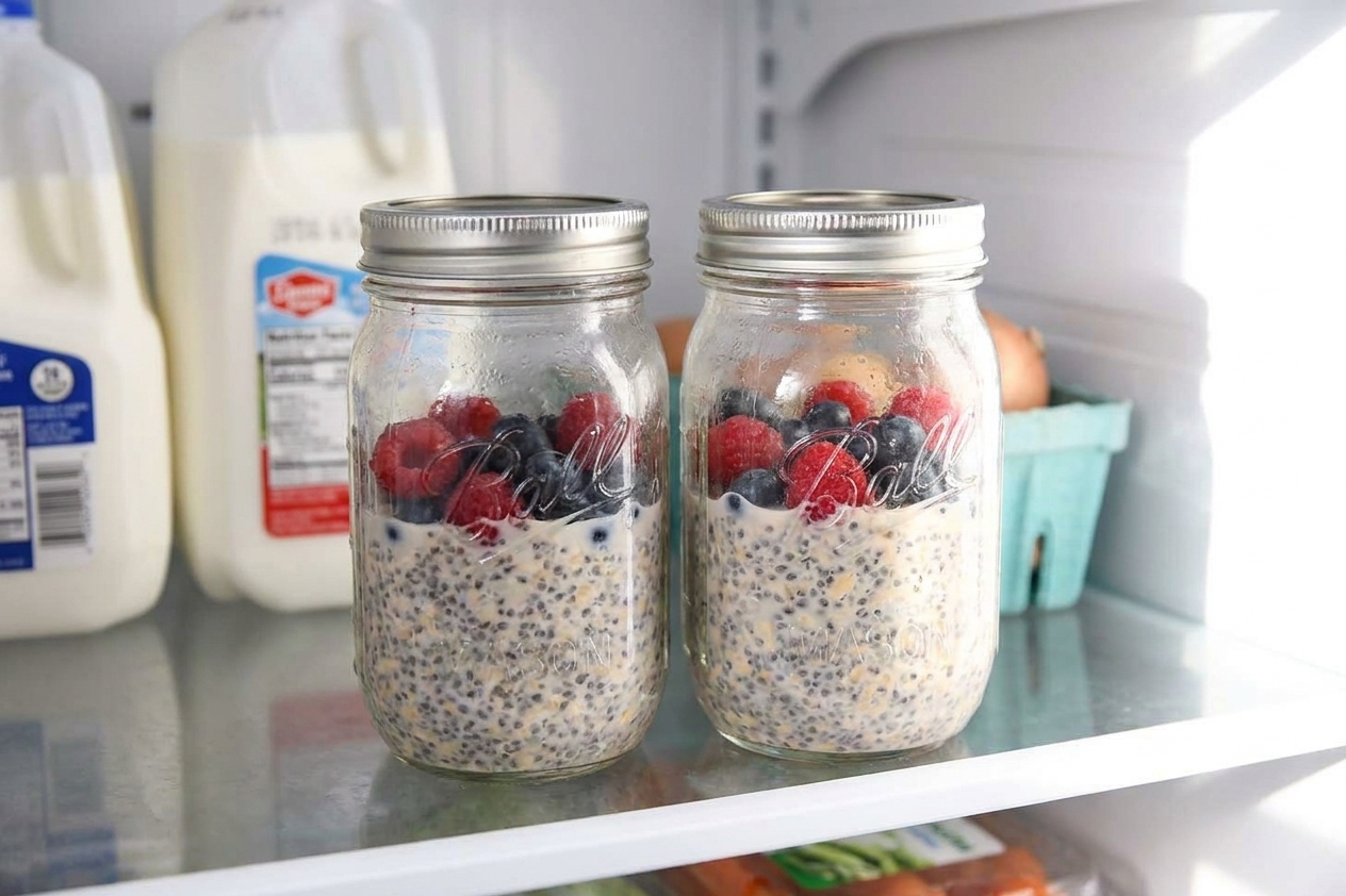 Two sealed glass jars of chia overnight oats sitting on a refrigerator shelf with soft morning light