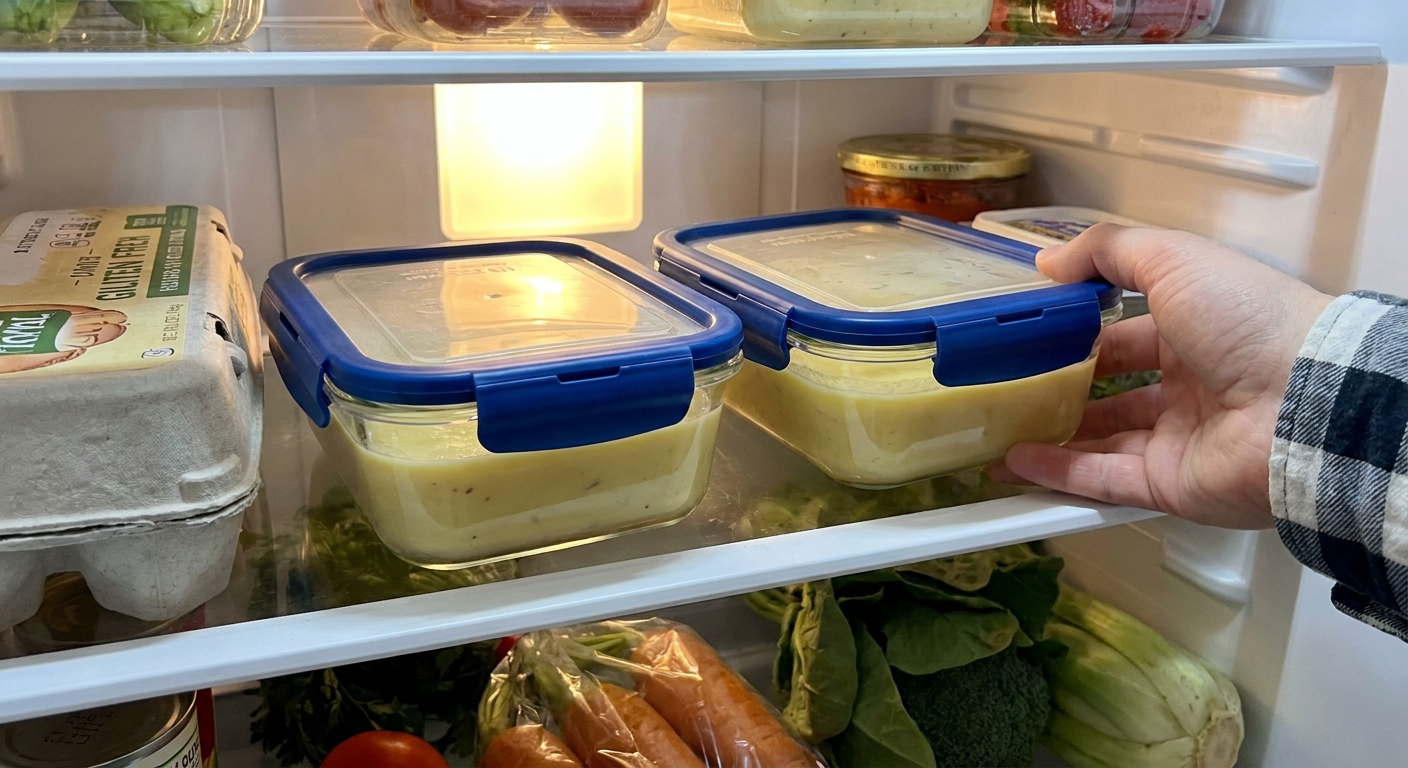 Two sealed glass meal prep containers filled with creamy soup sitting on a refrigerator shelf