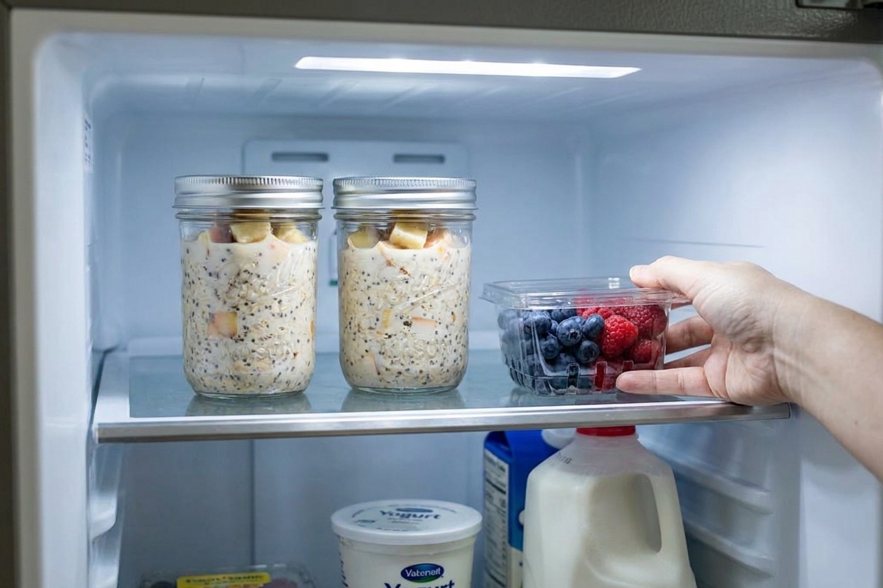 Two sealed jars of overnight oats on a refrigerator shelf next to a small container of berries