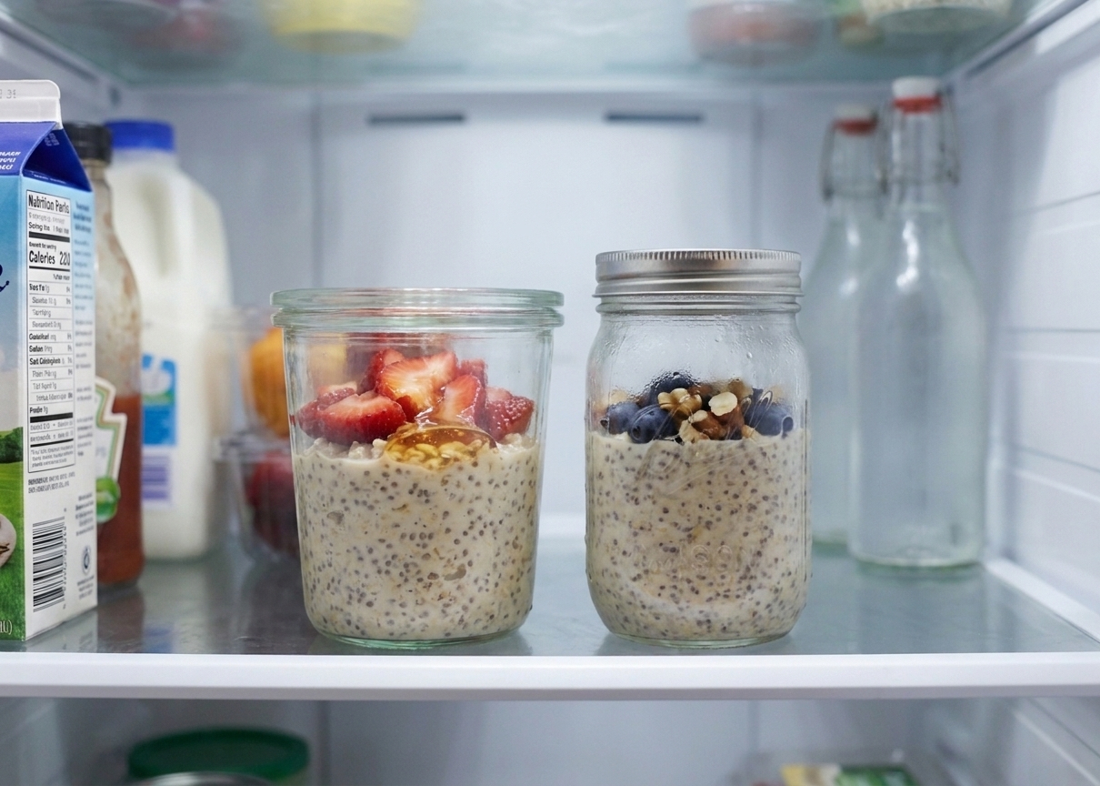 Two sealed jars of overnight oats with chia seeds on a refrigerator shelf with visible layers of oats and fruit