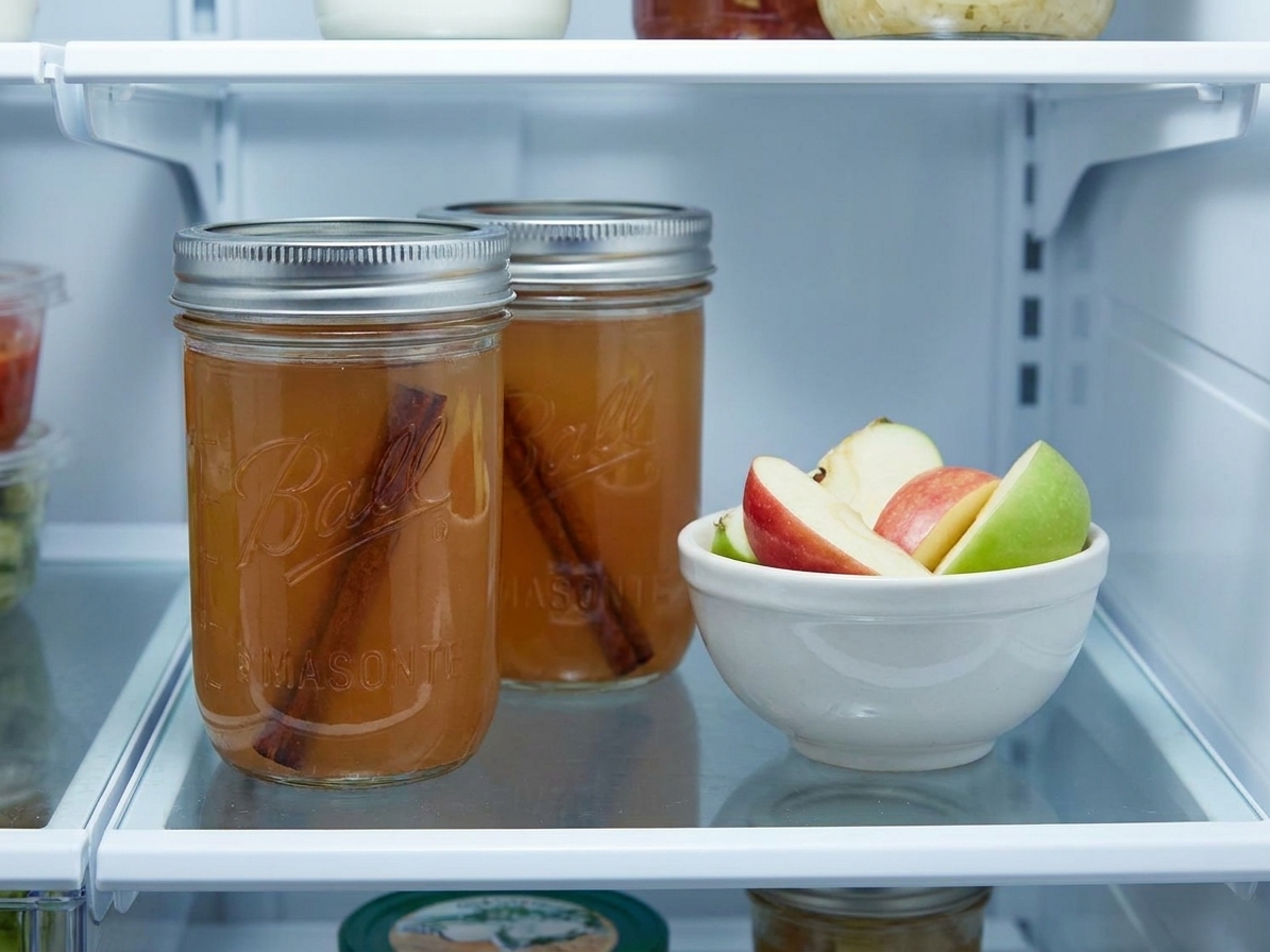 Two sealed mason jars of apple pie moonshine on a refrigerator shelf with a small bowl of apple slices